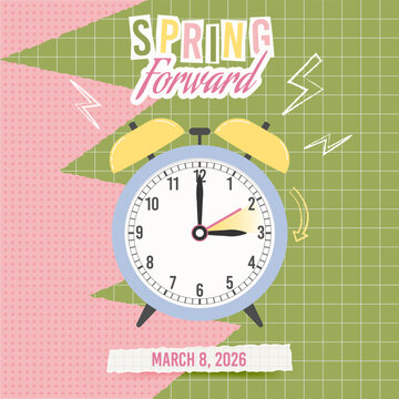 Spring Forward Daylight Saving Time March 8, 2026 collage style square banner