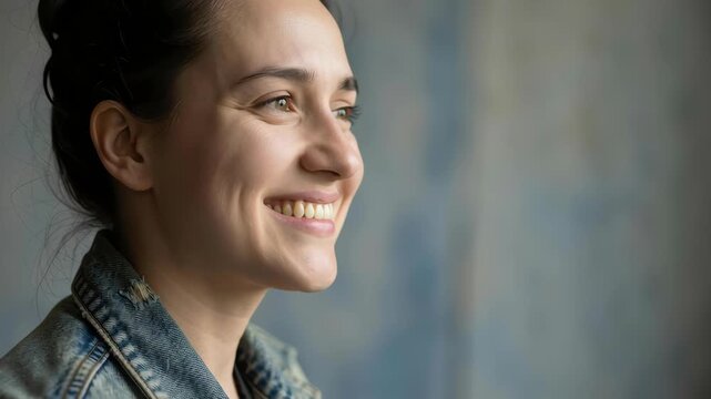 Gen z leader woman profile smile portrait confident calm hopeful side view in soft natural light