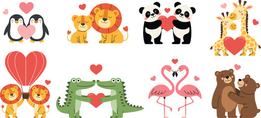 Cute cartoon animal couples with red hearts, romantic Valentine illustration collection for greeting cards, nursery prints and kids decor