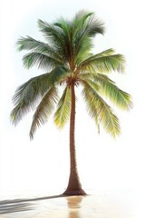 Obraz premium Solitary palm tree on a sunlit beach with green fronds, tall trunk, wet sand reflection and long shadow evoking peaceful tropical serenity