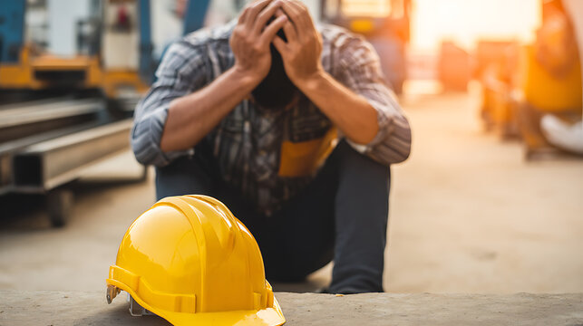 Stressed construction worker experiences burnout at industrial site, head in hands, with yellow hardhat on ground, highlighting work pressure