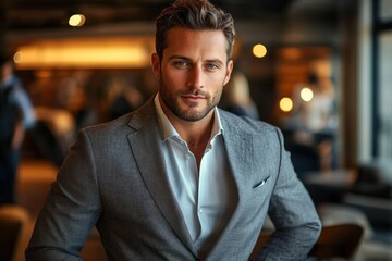 Obraz premium confident man in gray suit and white shirt seated in an upscale lounge with warm bokeh lights and relaxed professional posture