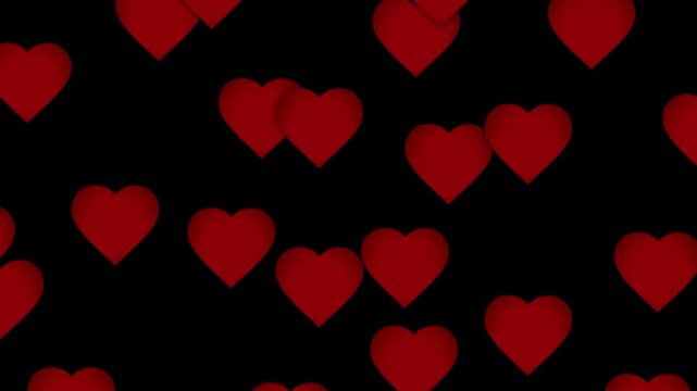 Red heart pattern on black background video for love and valentine design - infinite flowing hearts animation