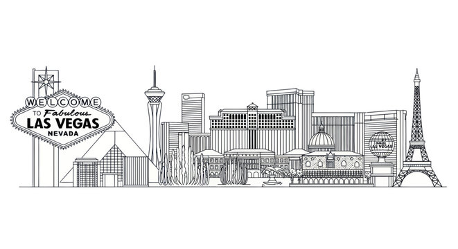 Las Vegas Skyline Doodle Art, Iconic Nevada Landmarks, Welcome Sign, Eiffel Tower