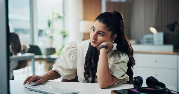 Tired, woman and yawn at computer in office for mental fatigue, editing article and brain fog. Coworking agency, exhausted journalist and sleepy at PC with low energy, burnout and overworked on story