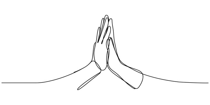 Continuous one line drawing of Hands high five clapping gesture self draw, Business meeting concept. Continuous line self drawing . 