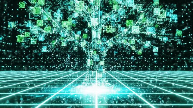 A futuristic digital landscape with data streams and binary code, viewed from a low angle, showcasing technology and innovation.