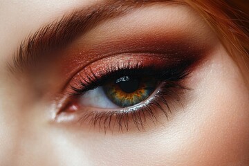 Fototapeta premium close-up of eyebrow, forehead and temple with auburn hair and smooth skin, intimate calm mood