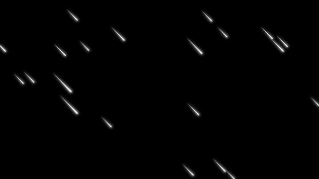 falling meteors rain animation on black background.  falling comets Looped Cartoon Starfield Animation, 4K animated shooting star shower for cinematic motion graphics,