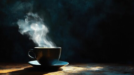 Fototapeta premium Steaming cup on saucer on wooden table bathed in warm light against a dark moody background, evoking calm, cozy, contemplative solitude
