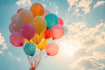 colorful bunch of helium balloons floating into a sunny blue sky with fluffy clouds, evoking joyful celebration and carefree whimsy