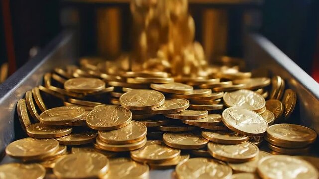 Bright metallic currency flows freely, Shiny gold coins cascade abundantly onto polished surface below, Vivid metallic coins sparkle and spill over shining tray in lavish display