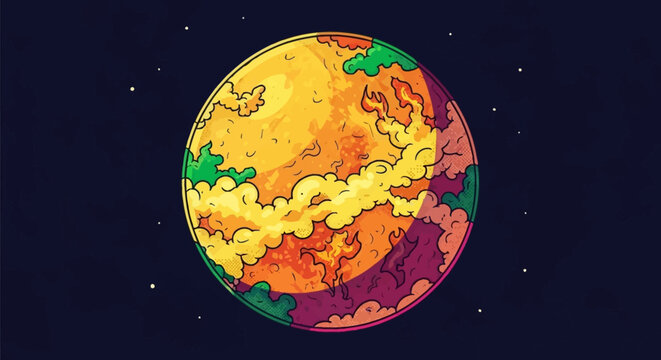 cartoon realistic venus planet floating in space yellow cloudy surface soft lighting dark background clean composition high detail stock illustration