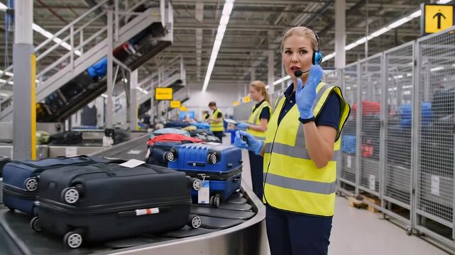 white baggage handler sorting suitcases and checking tags on conveyor, wearing hivis vest and gloves, headset communication, busy sorting line, luggage carousel and security signage,