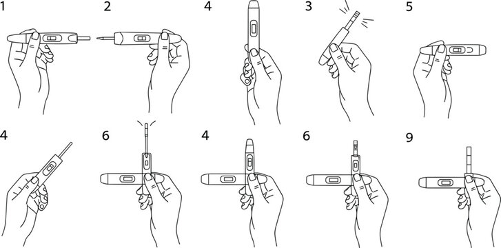 Step by step pregnancy test instruction manual vector icons showing hands holding digital midstream tests for family planning and healthcare guides.