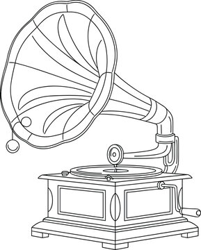 Vintage gramophone vector illustration featuring a classic phonograph with a large horn and hand crank for antique music and retro audio technology concepts.