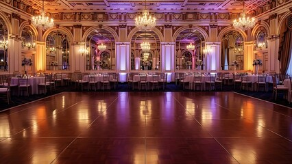 Fototapeta premium Elaborate ballroom with chandeliers, tables, and wooden dance floor