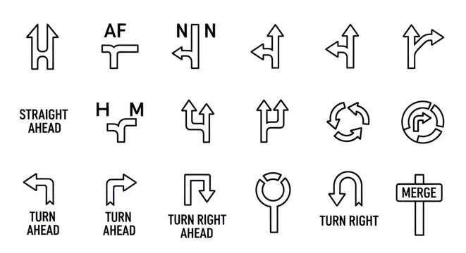 Road Signs Collection: Navigation Arrows, Directions, and Junctions