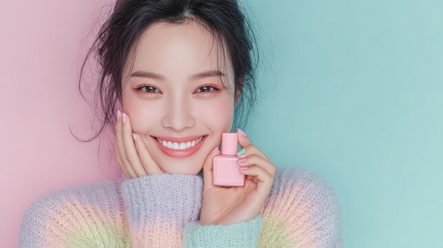 Colorful Nail polish pattern and model woman with Bottles of nail polish,Set pastel colors nail polish,studio makeup,beauty,fashion concept,space for text.