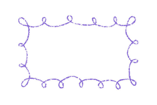 Crayon doodle scalloped frame. Chalk wavy hand drawn border. Purple cute rectangle photo frame with crayon texture. Wavy sketch line mirror border. Vector illustration isolated on white background.