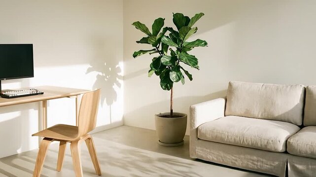 Minimalist Home Office Desk with Chair, Couch, Fiddle Leaf Fig Plant, and Natural Light.