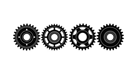 four industrial gears aligned horizontally showcasing intricate mechanical details on a clean white background symbolizing engineering precision and business concepts.