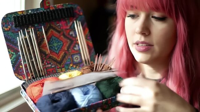 Woman knitting with colorful yarn.