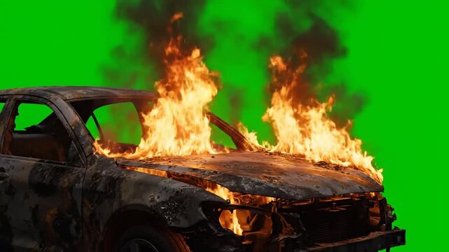 Burning car on fire with green screen background