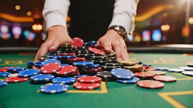 Dealer swiftly stacks chips in organized tower, Dealer carefully forms pile of chips on table, Dealer skillfully arranges tall stack of chips amid tense player anticipation