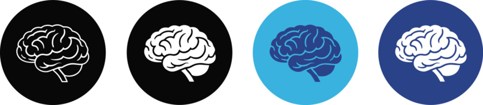 Human brain icon set in different color circle backgrounds representing intelligence thinking psychology neuroscience and mental health concepts for education and medical design