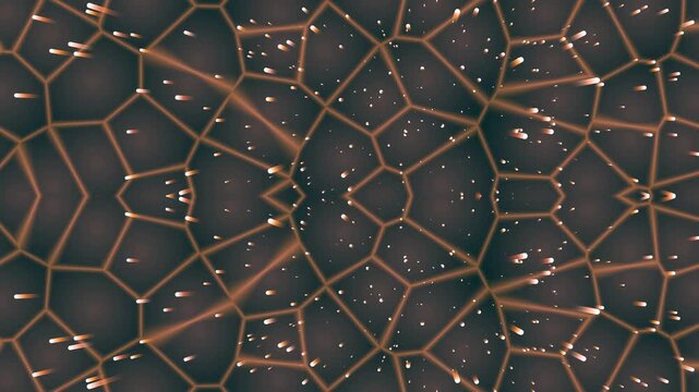 Dynamic abstract background with glowing orange geometric grid and fast-moving light particles, representing technology, data, or cosmic energy flow.