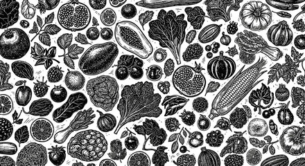 Fototapeta premium hand-drawn seamless pattern of organic produce in rustic woodcut style representing healthy food and farm fresh agriculture background.