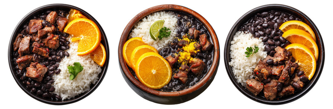 Traditional Brazilian feijoada dish with rice, black beans, beef, stew pork and oranges in bowl isolated on white background