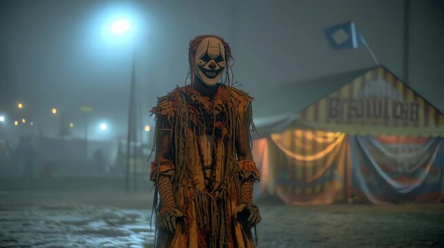 A monster dressed in a broken carnival costume with a mocking face like an old mask, standing in an abandoned carnival arena in the drizzling rain, broken lights flickering