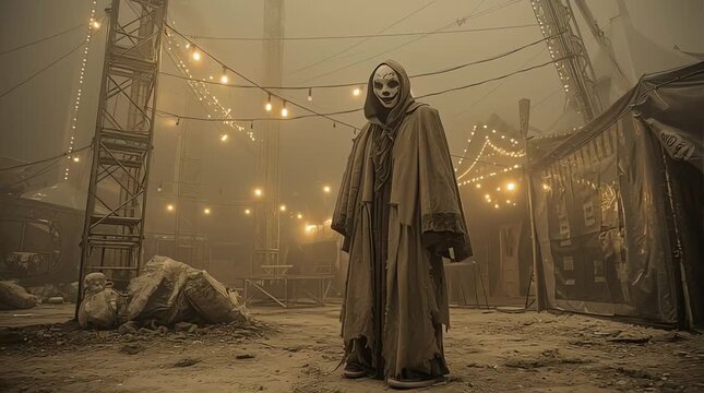 A monster dressed in a broken carnival costume with a mocking face like an old mask, standing in an abandoned carnival arena in the drizzling rain, broken lights flickering