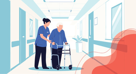 Fototapeta premium Caring female nurse or caregiver assisting an elderly woman with a walker in a brightly lit hospital or nursing home hallway.