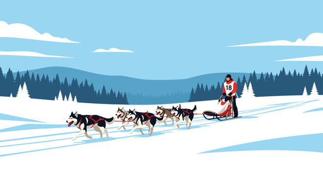 Man participating in a dogsled race with a team of six husky dogs pulling a sled across a snowy landscape with mountains.