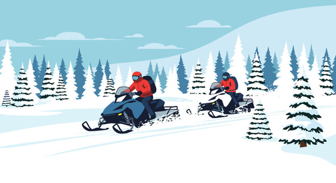 Two people riding snowmobiles through a snowy winter forest landscape, enjoying an adventurous outdoor recreational activity.