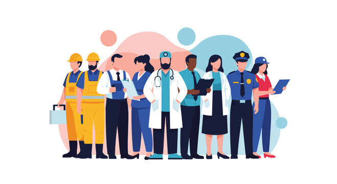 Diverse group of essential workers and professionals standing together, including doctors, nurses, police, and construction workers.