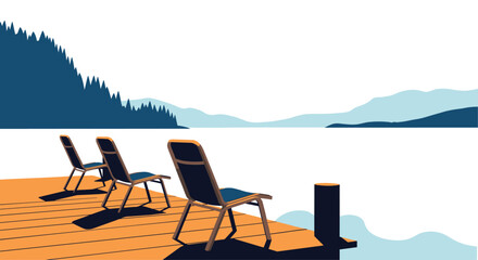 Fototapeta premium Three empty chairs sit on a quiet wooden pier overlooking a serene lake and distant mountains, creating a peaceful scene for relaxation.