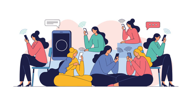 A group of women sitting together are individually engrossed in their smartphones, illustrating social media addiction and isolation.