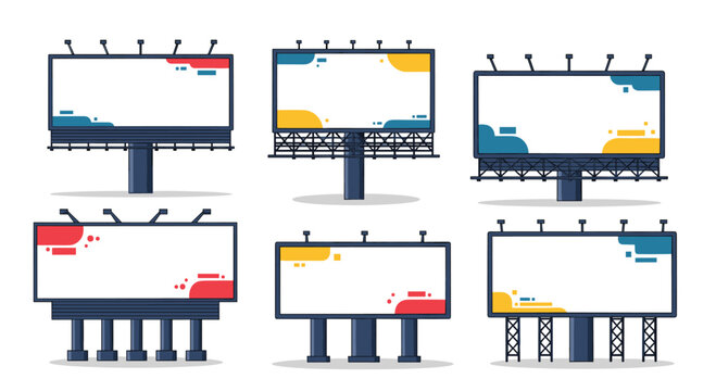 Set of six large blank outdoor billboards with colorful design elements, providing empty ad space for marketing campaigns and promotion.