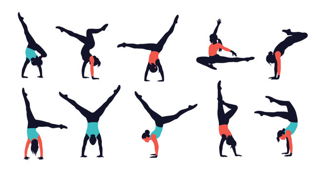Collection of dynamic silhouettes of a female gymnast performing various acrobatic exercises, including handstands and splits.