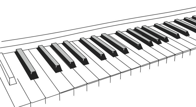 A close-up, angled perspective sketch of a piano keyboard, highlighting the black and white keys of the classic musical instrument.