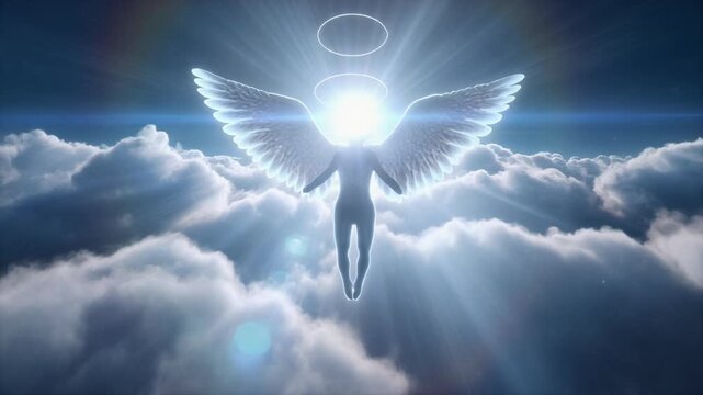 Ethereal angel silhouette descending through glowing heavenly clouds, dramatic sun rays and volumetric light beams, cinematic fantasy atmosphere, divine epic mood, ultra realistic sky scene.