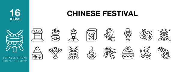 Chinese Festival icon set. Includes chinese, festival, celebration, tradition, culture and More. Editable Stroke Icon Collection. © SpaceFabric