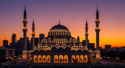 Fototapeta premium A majestic illuminated mosque with multiple minarets and a grand dome stands against a stunning purple and orange sunset sky, with city buildings visible in the distance.