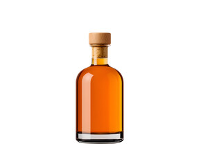 Minimalist Amber Beverage Bottle with Wooden Cork, Isolated on Black Background, Perfect for Whiskey or Craft Brew Branding