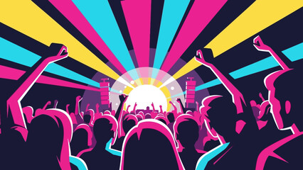lively crowd cheering with raised hands at a vibrant music concert or dance party illuminated by dynamic stage lights celebrating nightlife.