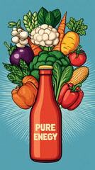 Vibrant Organic Energy Drink Concept with Fresh Vegetables and Bold Typography on Blue Background